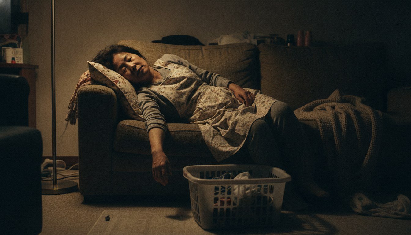 돌봄을 마치고 거실 소파에 기대어 잠시 눈을 감고 쉬는 50대 딸