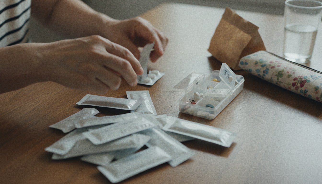 부모님 댁 식탁 위에 놓인 여러 병원의 약봉지와 요일별 약통을 확인하는 50대 딸의 손