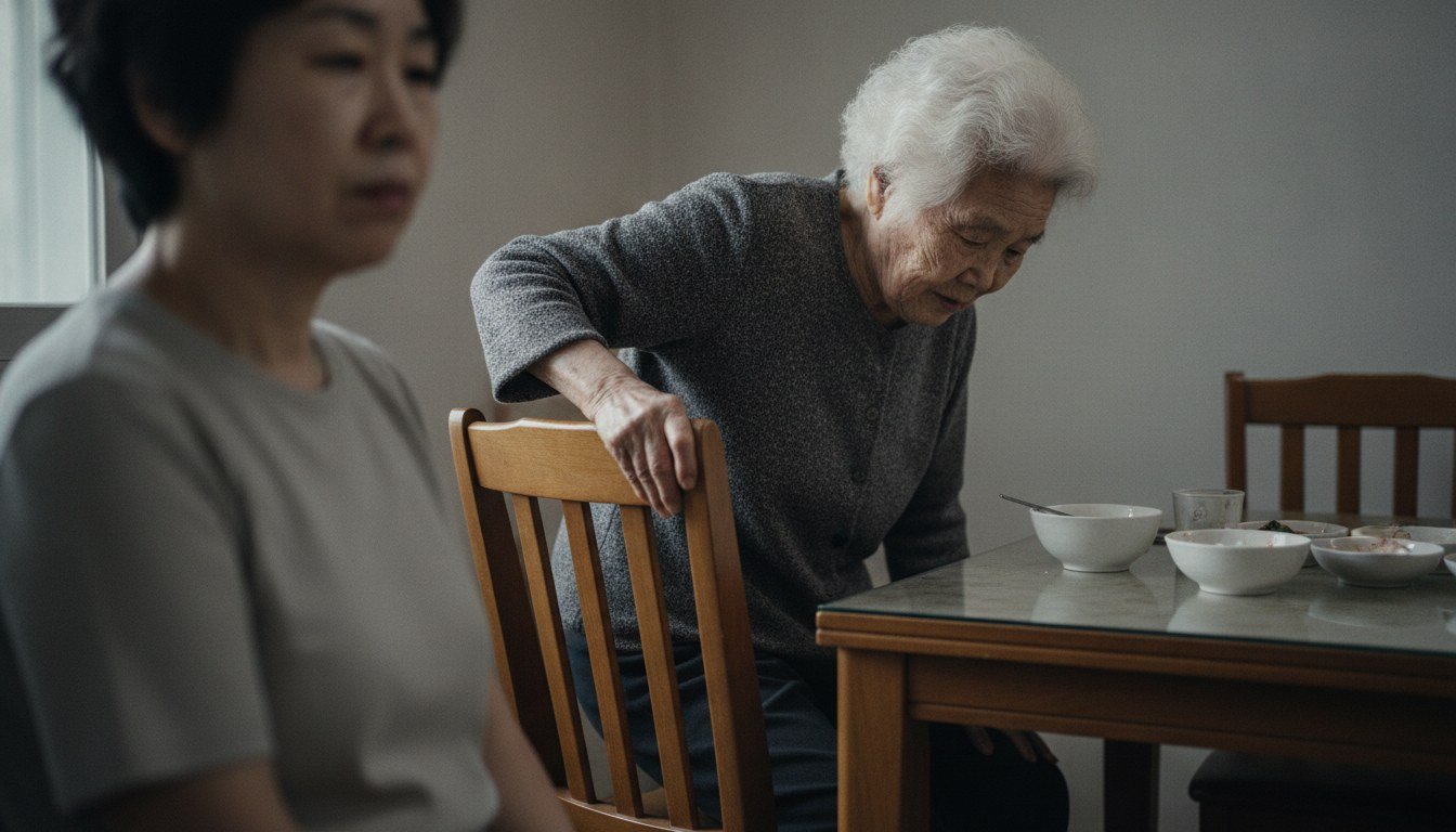 식탁에서 일어나시며 의자 팔걸이를 짚는 80대 어머니를 조용히 지켜보는 50대 딸