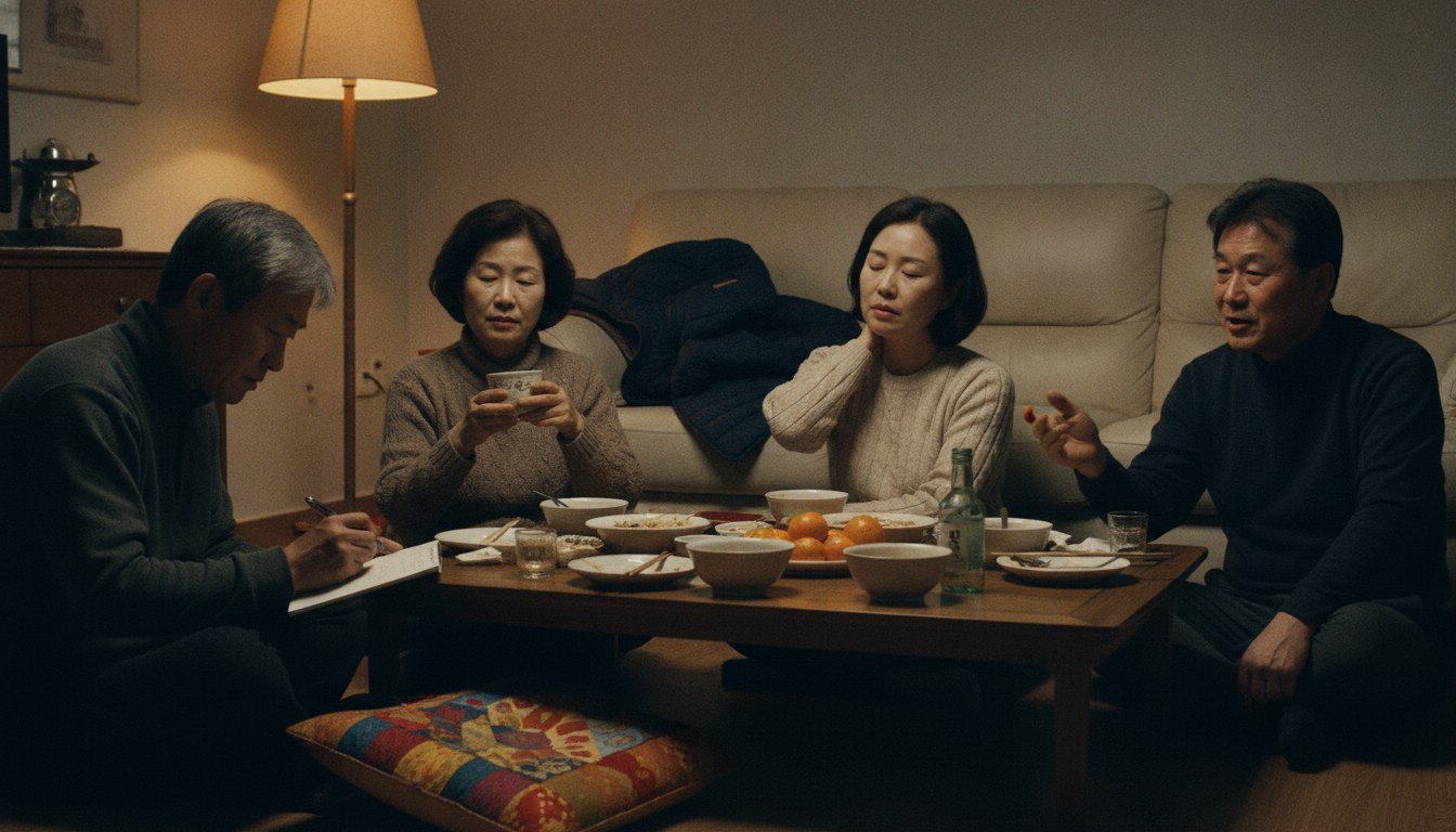 명절 저녁 거실에서 형제들이 둘러앉아 부모님 이야기를 나누며 메모하는 모습
