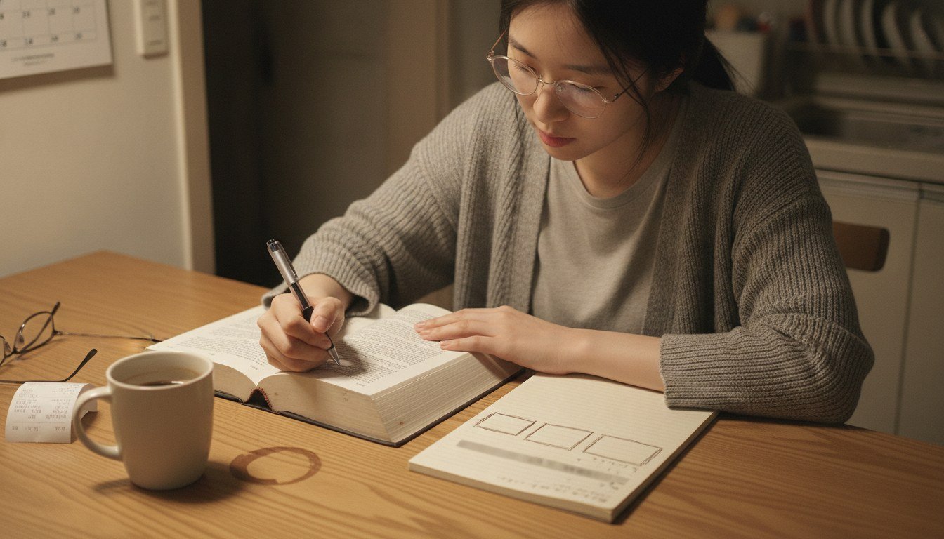 책상 위에 펼쳐진 경제 책과 메모, 식어가는 커피잔
