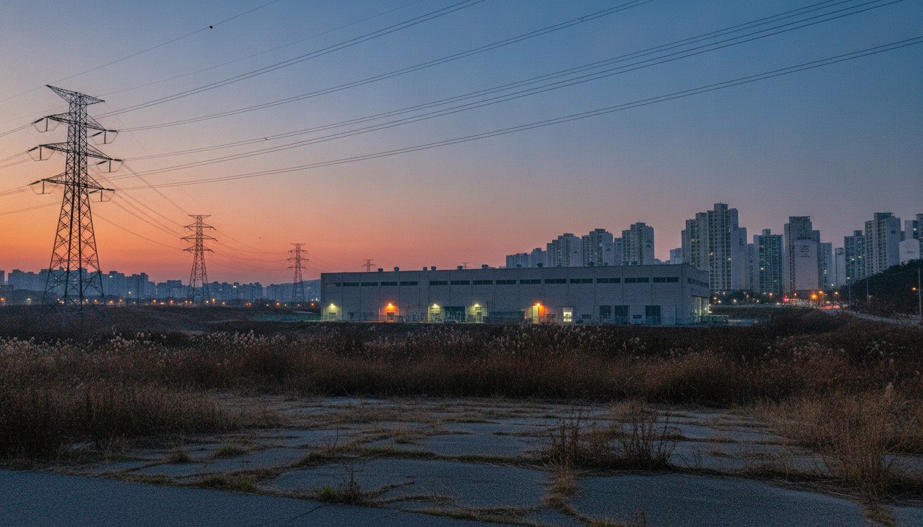 해질 무렵 도시 외곽의 송전탑과 데이터센터 건물이 보이는 풍경