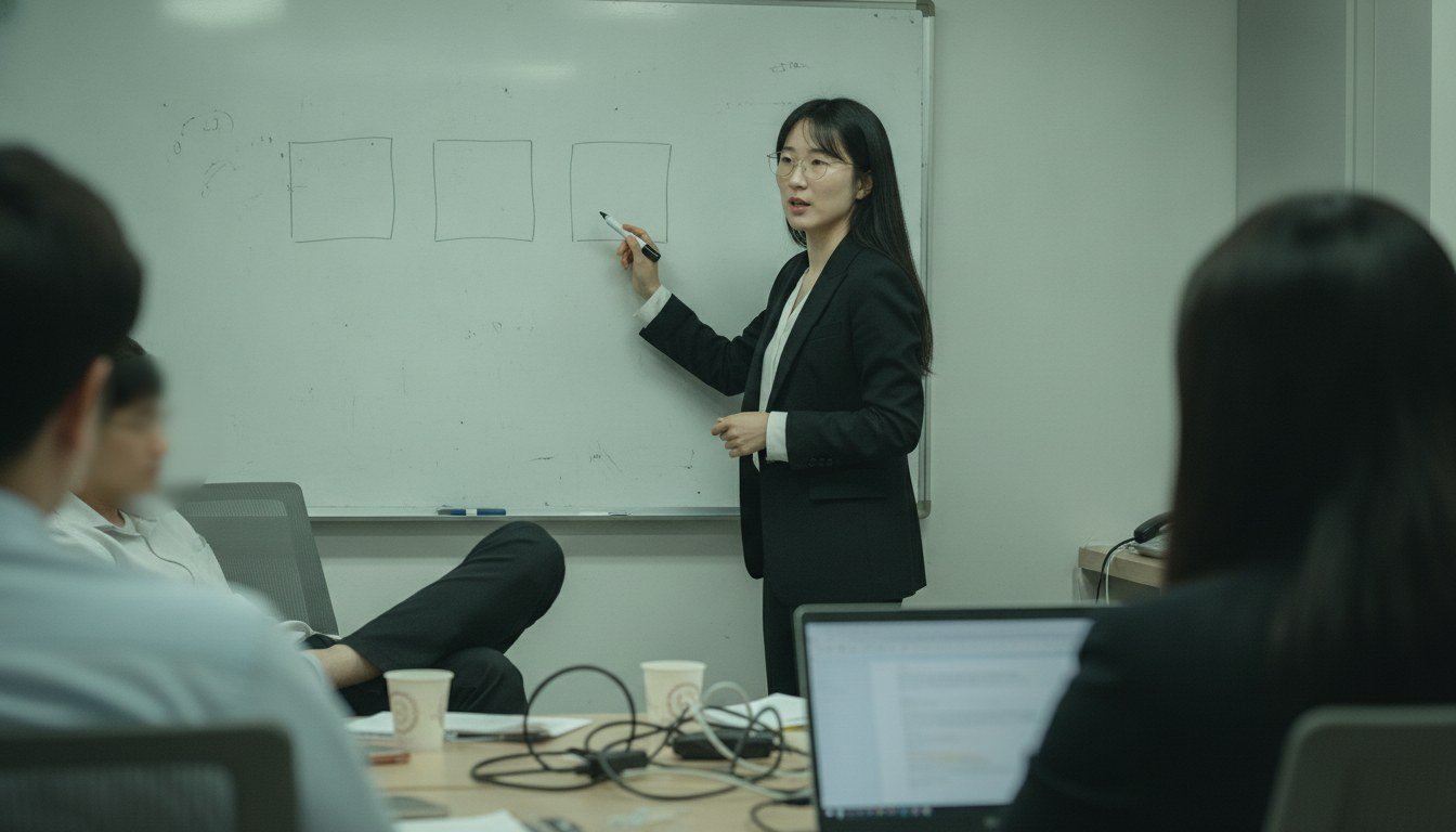 화이트보드에 세 가지 시나리오를 적으며 팀과 이야기하는 여성 리더