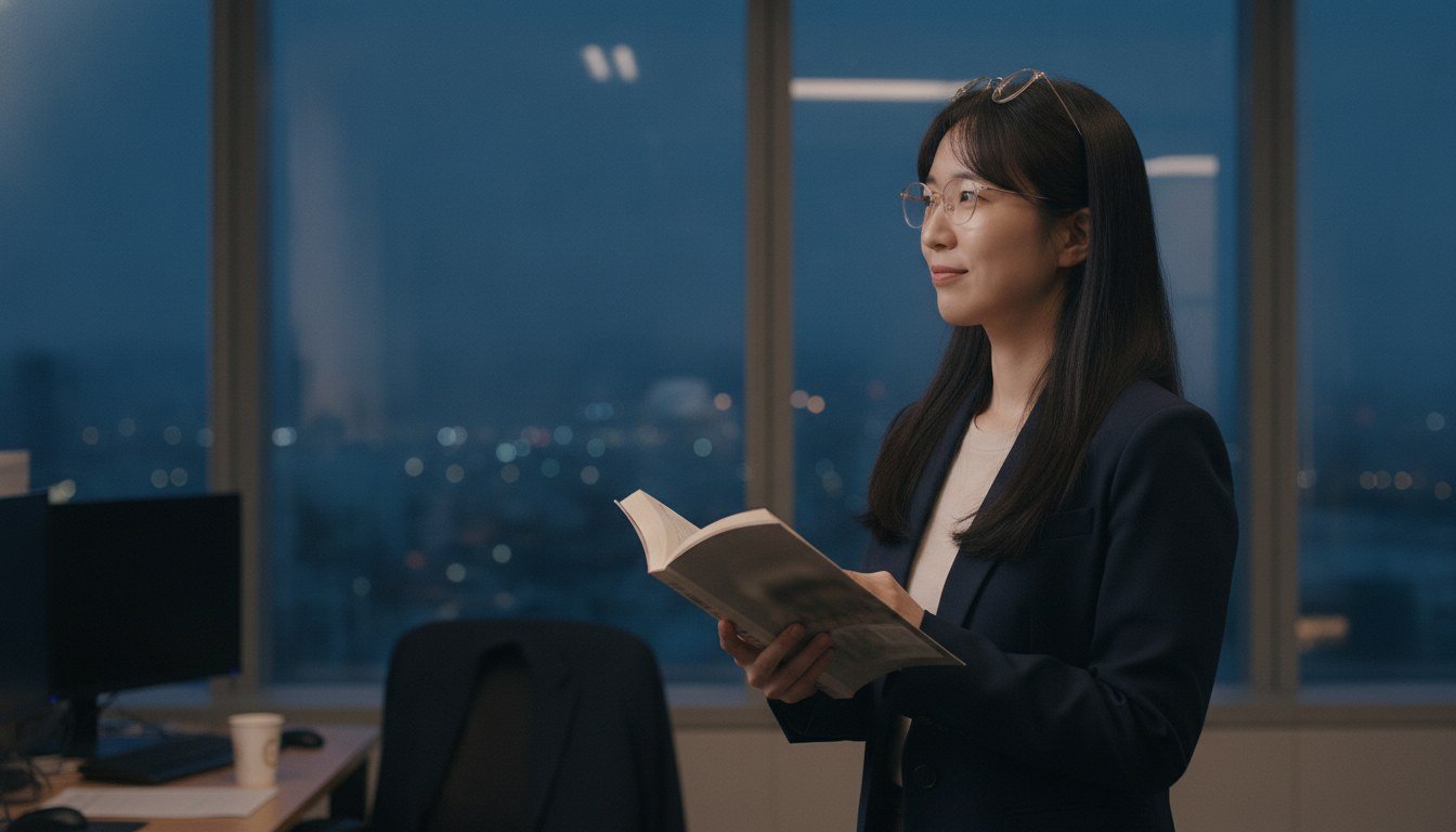 퇴근 무렵 사무실 창가에서 책을 덮으며 옅게 미소 짓는 여성 리더