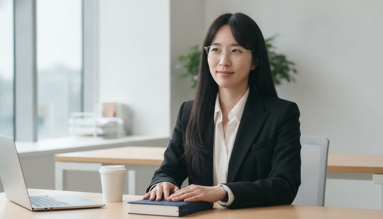 출근 직전 사무실 책상에서 읽던 책을 덮으며 옅게 미소 짓는 한국인 여성 리더
