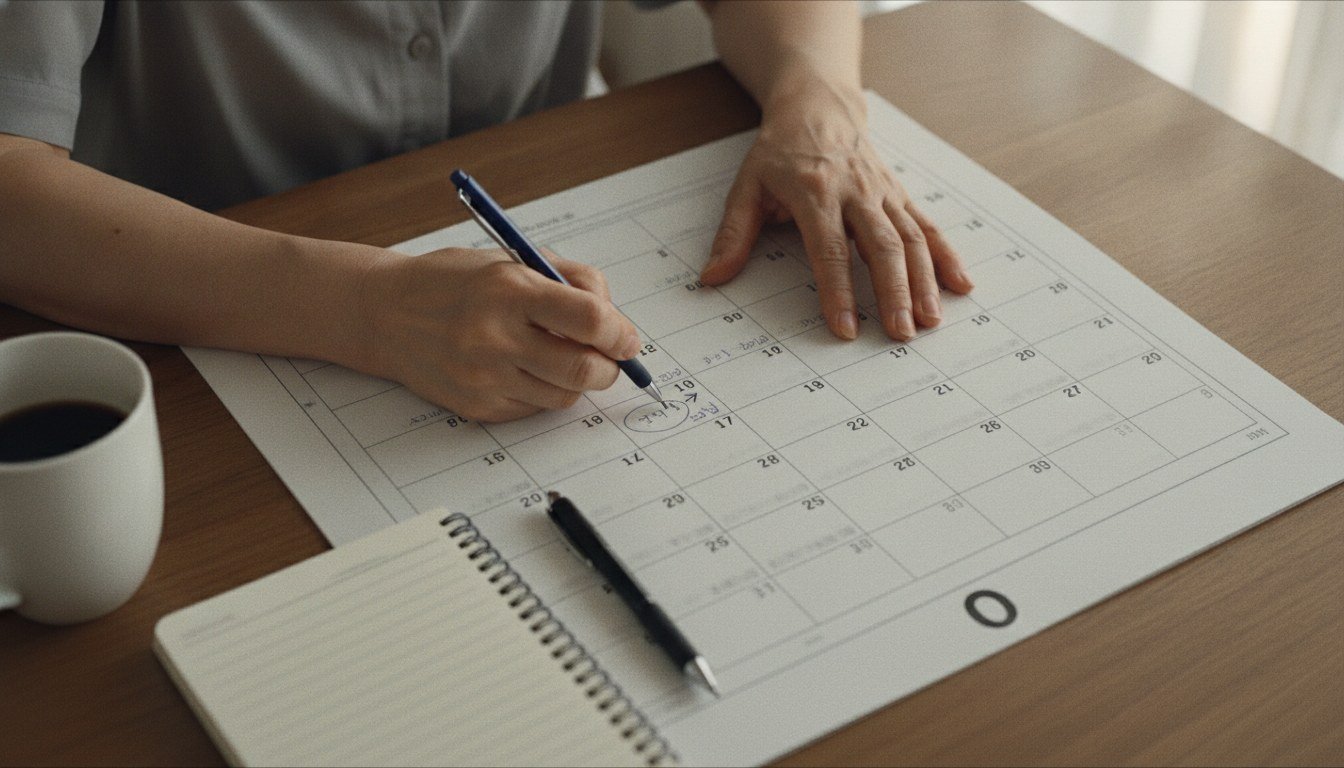 달력에 재판정 신청 일정과 병원 방문 날짜를 표시하는 보호자의 손