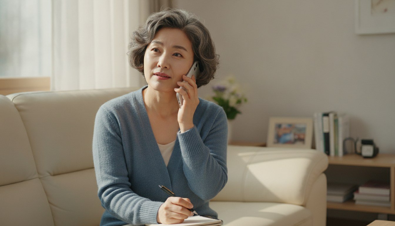 거실 소파에 앉아 건강보험공단에 전화를 걸어 문의하고 있는 중년 여성