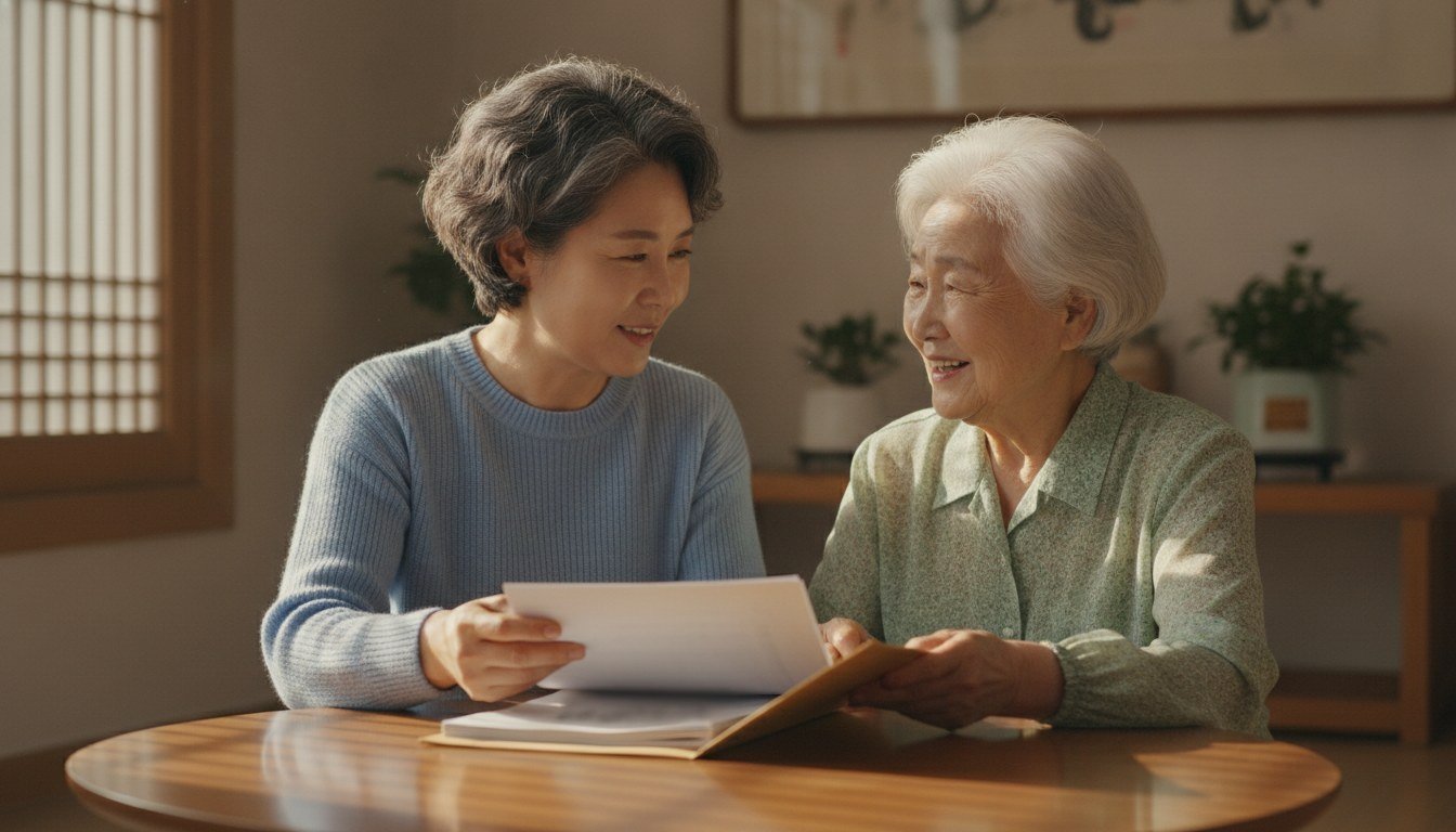 거실에서 나이 든 어머니 옆에 앉아 서류를 정리하며 편안하게 이야기 나누는 성인 자녀