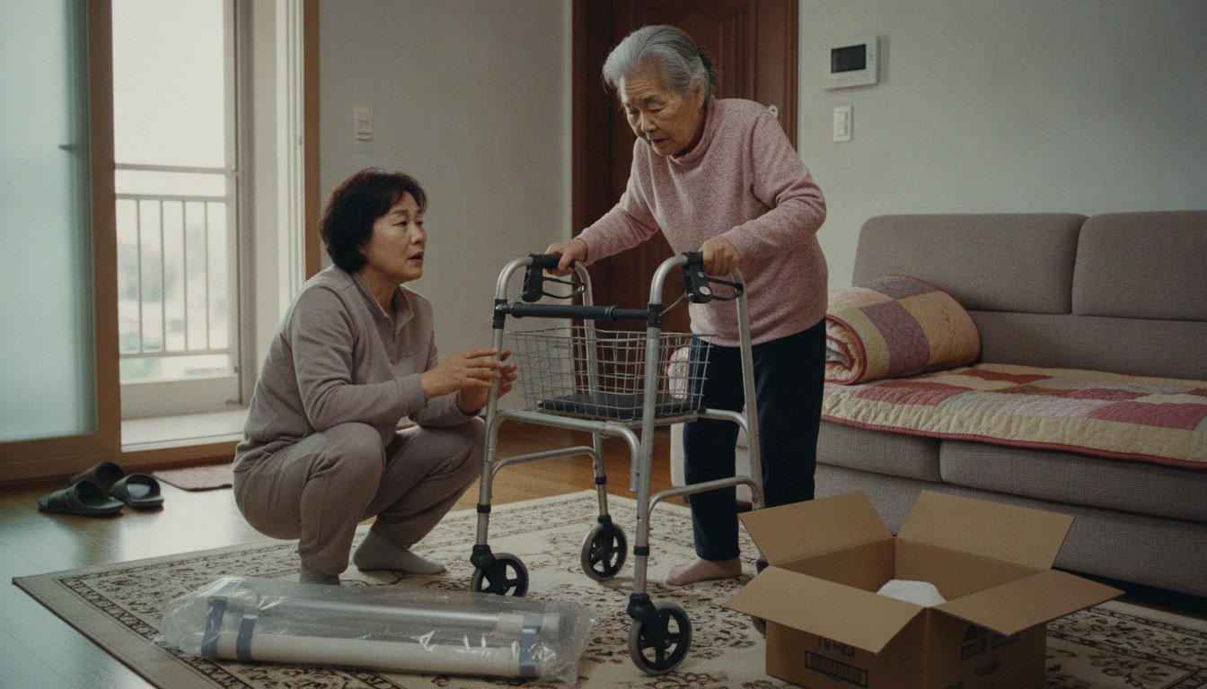 거실에 들어온 보행보조기와 욕실 안전손잡이를 살펴보는 50대 딸과 80대 어머니