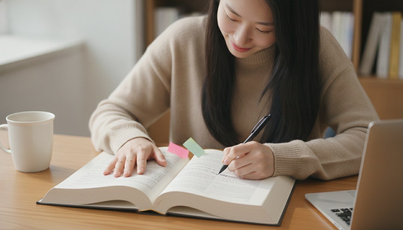 책을 펼쳐놓고 여백에 메모를 적는 손 클로즈업
