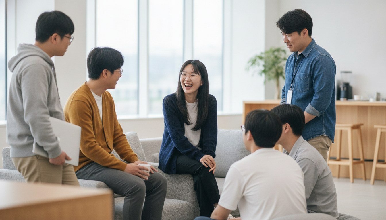 여러 직군의 동료들이 밝은 공유오피스 라운지에서 편하게 이야기하는 모습