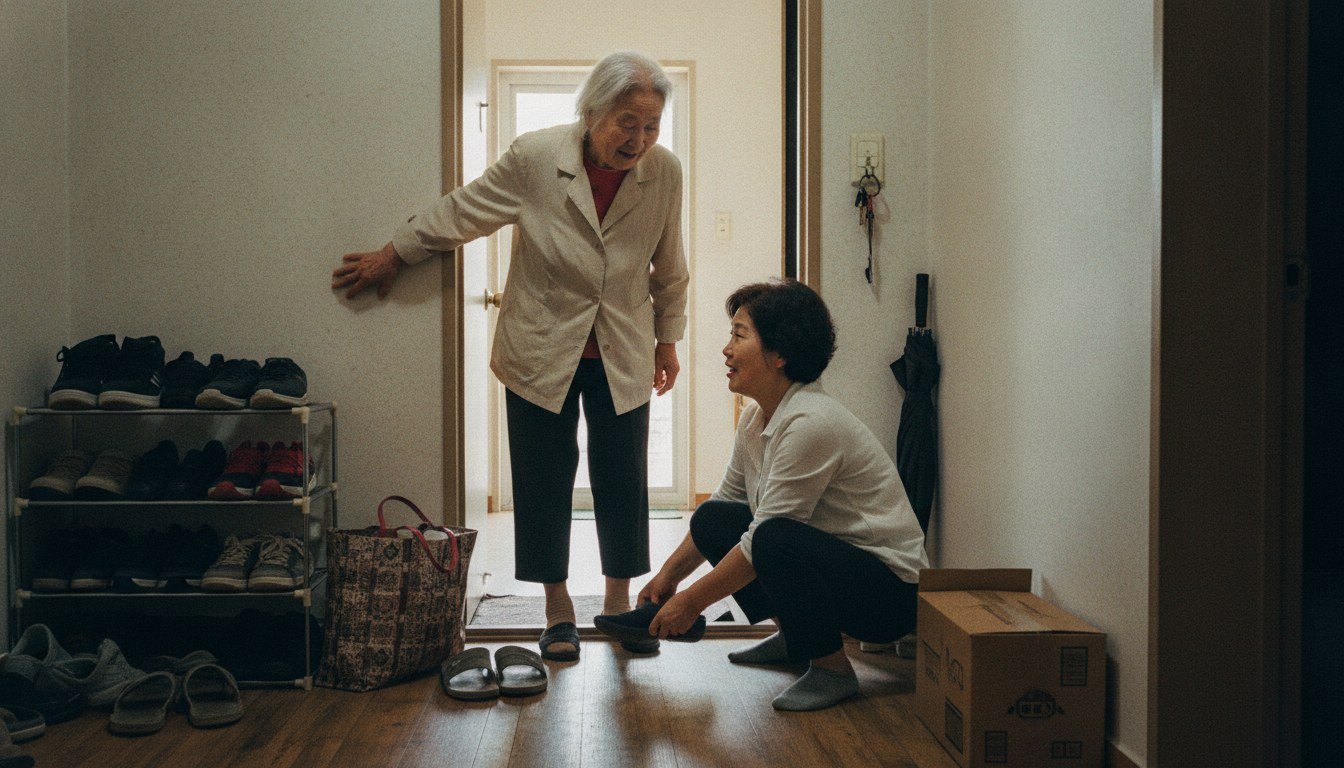 단기보호를 마치고 집으로 돌아오신 어머니를 현관에서 맞이하는 딸