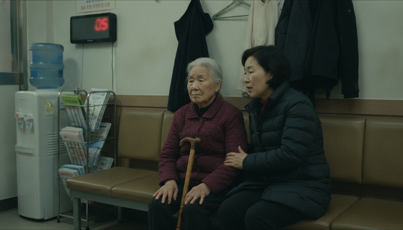 의원 대기실에서 어머니 곁에 앉아 순서를 기다리는 딸