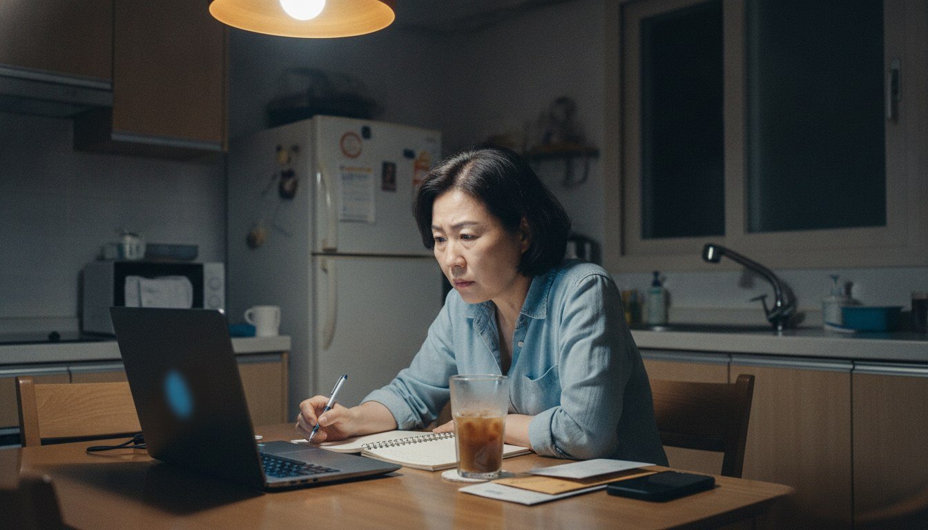 식탁에서 노트북으로 복지 서비스 모의계산을 돌려보며 결과를 받아적는 50대 딸