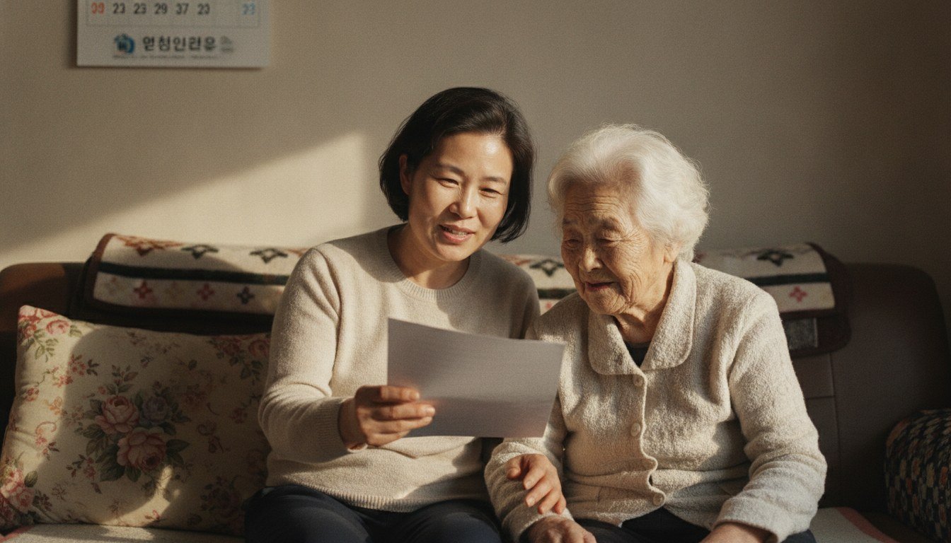 거실에서 어머니 옆에 앉아 서류를 정리하며 웃으며 이야기 나누는 50대 딸